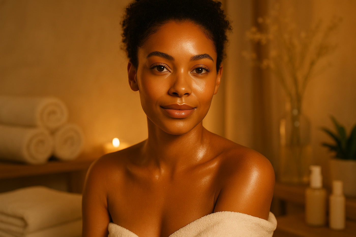 Beautiful black mix race woman with health skin glowing spa ad